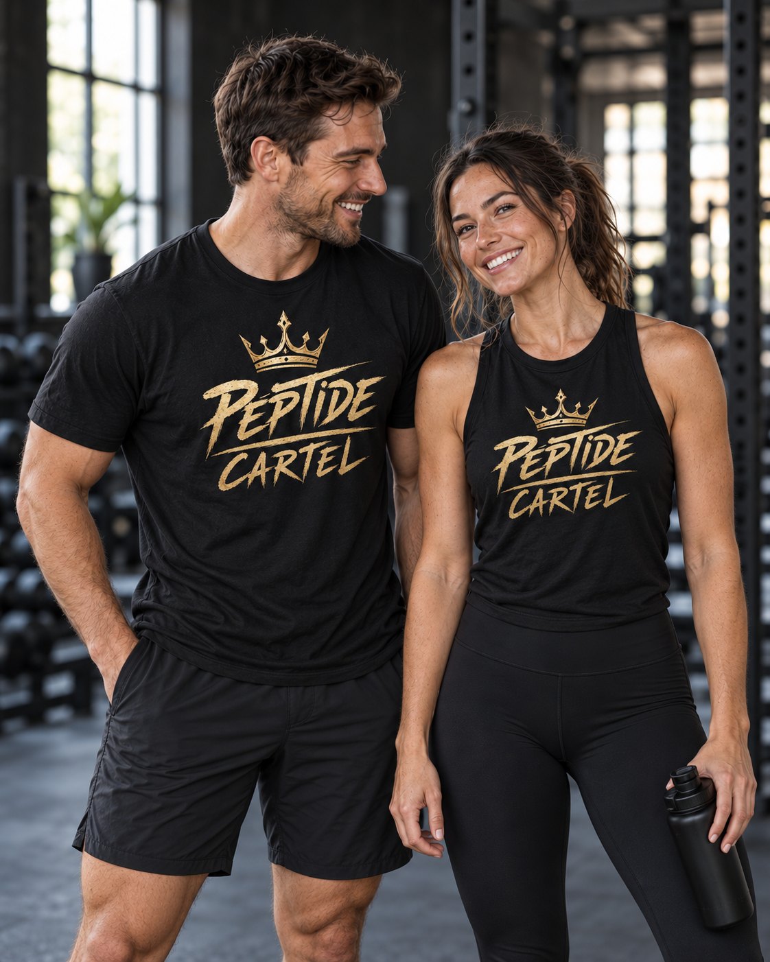 Two people in Peptide Cartel training gear at the gym